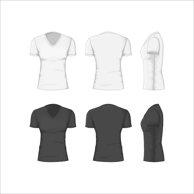 Woman T-shirt White and Black Cotton Clothing Front, Back and Side View.