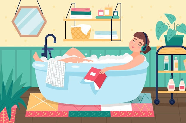 Woman taking bath Girl lies in bubble soap foam listens music with headphones and reads book home bathroom relax and spa cozy interior home beauty routine vector isolated concept