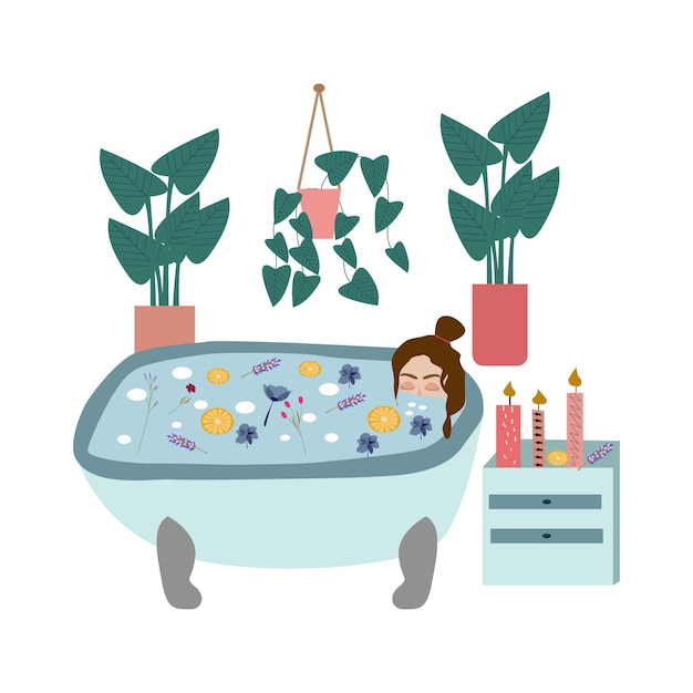 Woman taking a bath. Hygiene and beauty vector.