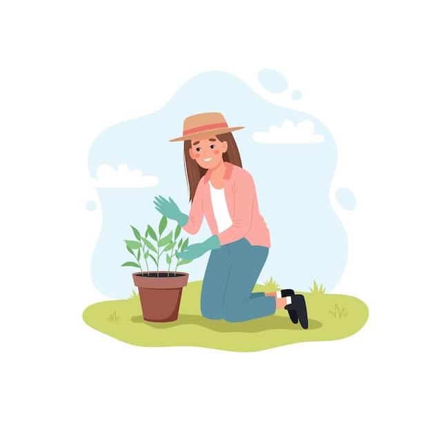 Woman taking care of plant Female gardener in spring