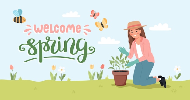 Woman taking care of plants Female gardener in spring