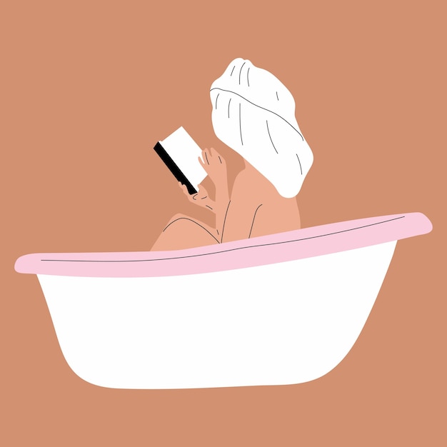 Woman taking a relaxing bubble bath and read book, side view. Vector in cartoon style.