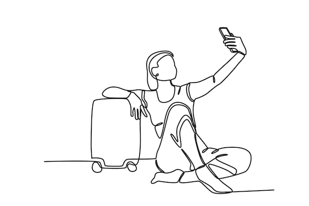 A woman taking a selfie while on vacation Staycation oneline drawing