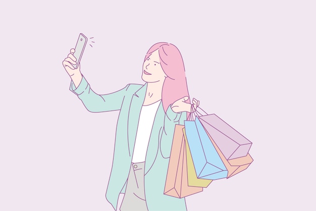 Woman taking selfie with shopping bags, concept illustration