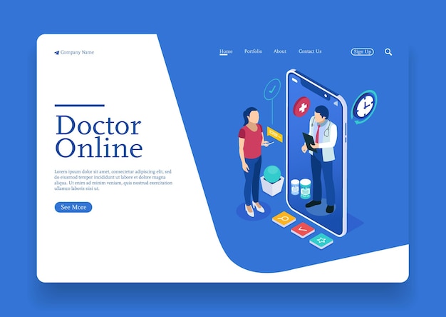 A woman talk to Doctor about medical health online isometric concept with character