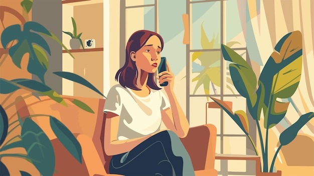 Vector woman talking on mobile phone at home vector style