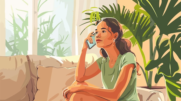 Vector woman talking on mobile phone at home vector style