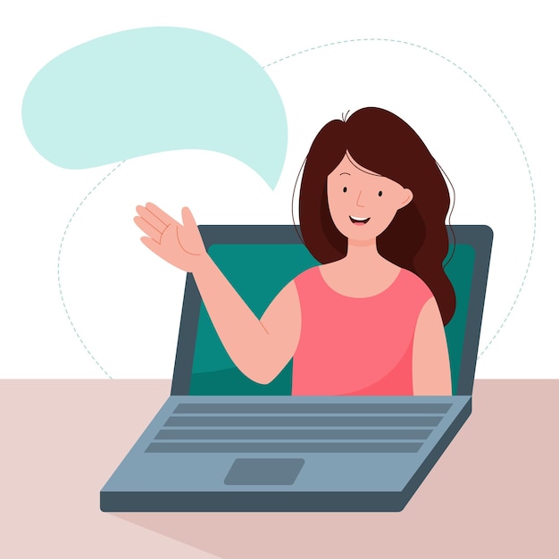 Woman teacher leads an online webinar. The girl speaks from a laptop. Vector flat illustration.