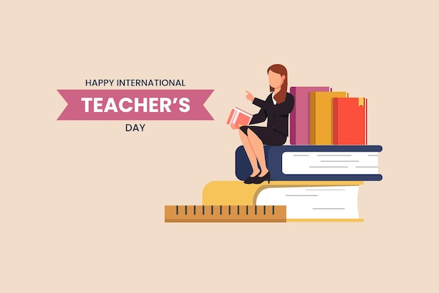 Woman teacher sitting on the stack of books Happy teacher's day International teacher's day concept Vector illustration