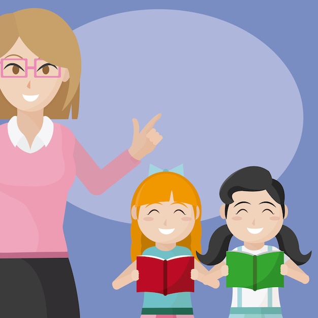 Woman teacher with school kids cartoons