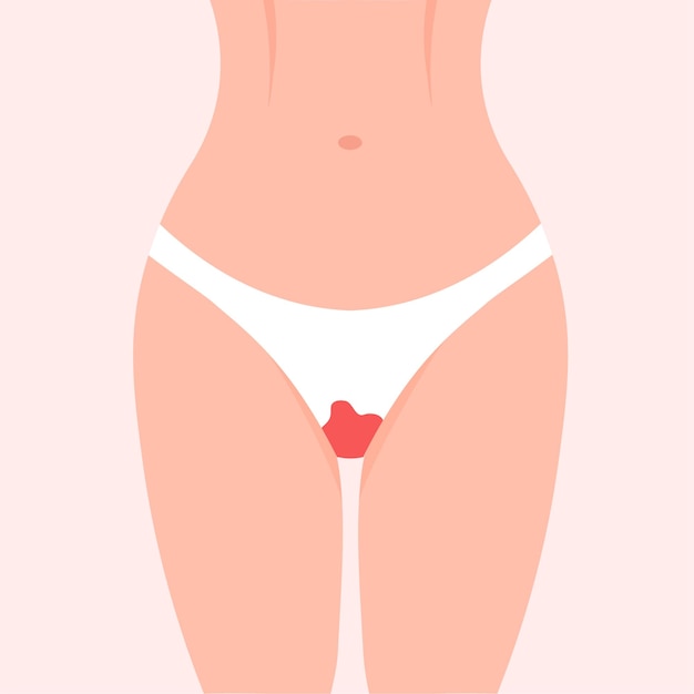 Woman thighs with blood-stained panties. Period power. Menstruation day.Menstrual protection concept