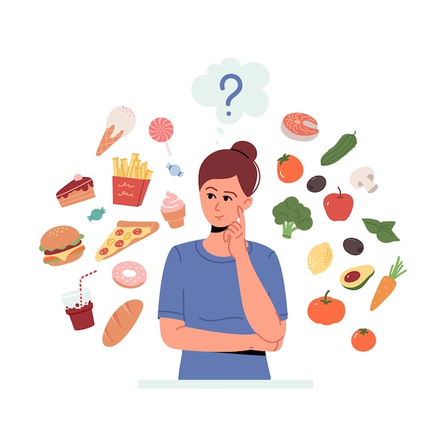 Woman think about healthy and unhealthy food young woman surrounded by fruits and vegetables