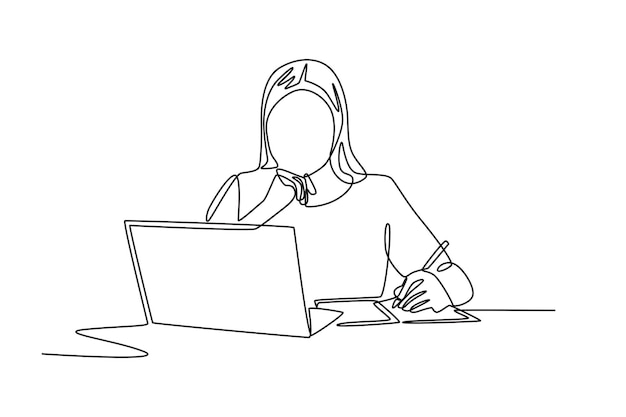 Woman thinking during lesson Online education concept oneline drawing