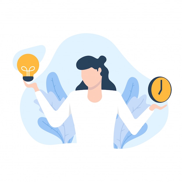 Woman thinks about time and idea  illustration