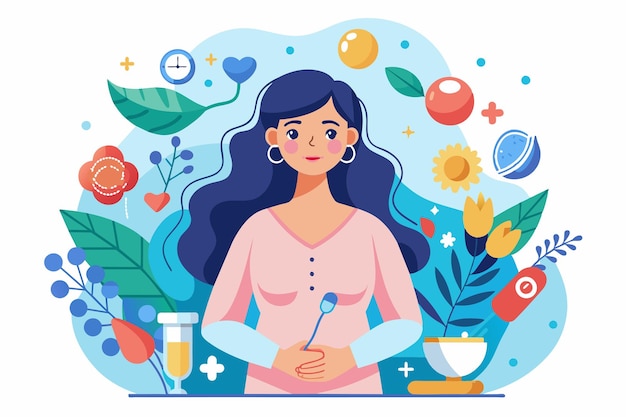 Vector a woman thoughtfully considers her infertility journey surrounded by symbols of health and hope woman infertility customizable semi flat illustration