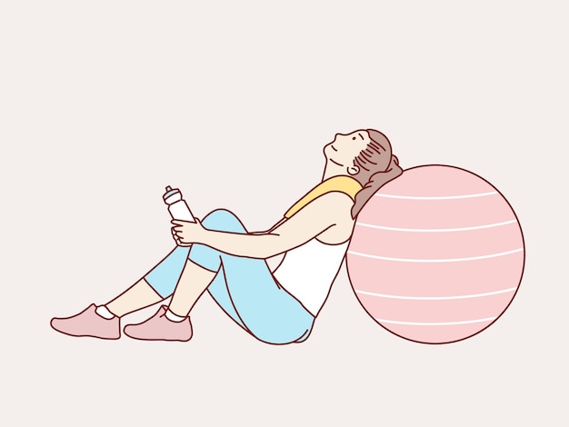 Woman tired resting sit after training workout lean on rubber ball towel in her neck simple korean style illustration