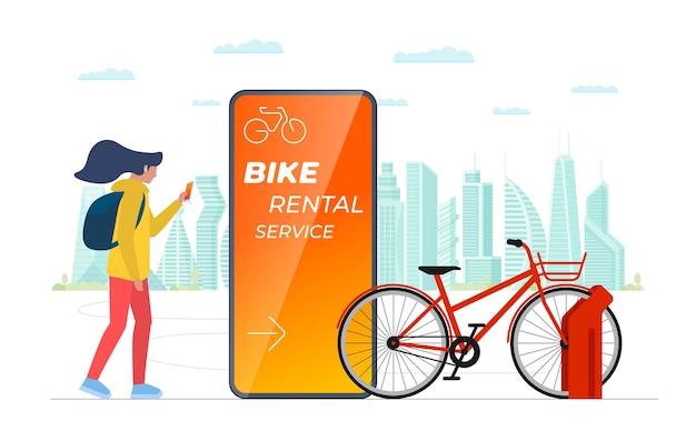 Woman touching smartphone screen with bike rental mobile app girl hold smart phone with online