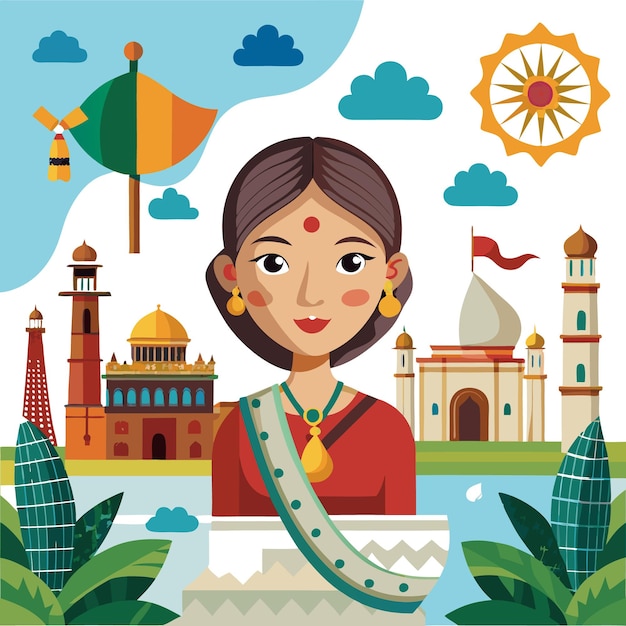 Vector a woman in a traditional indian sari stands in front of iconic landmarks like the taj mahal qutub minar and the india gate with a colorful kite flying above