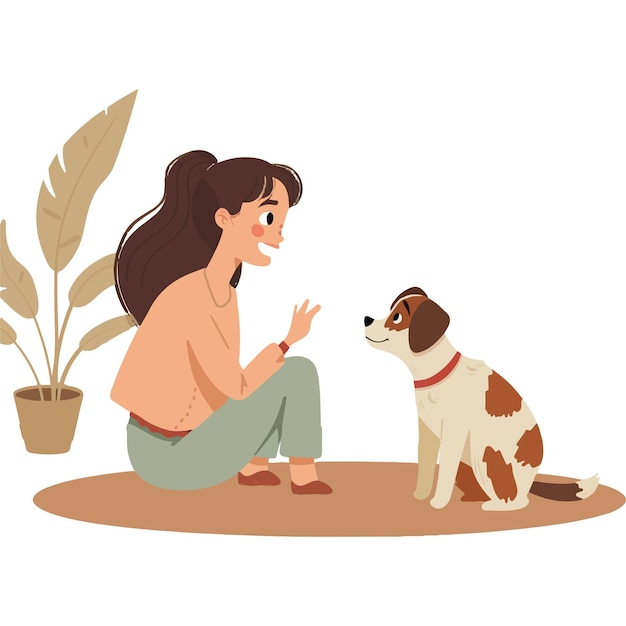 Vector woman training her dog