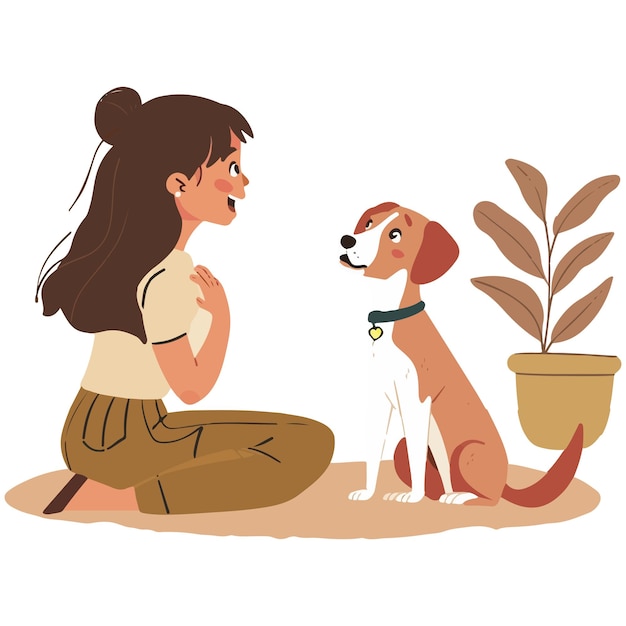 Vector woman training her dog