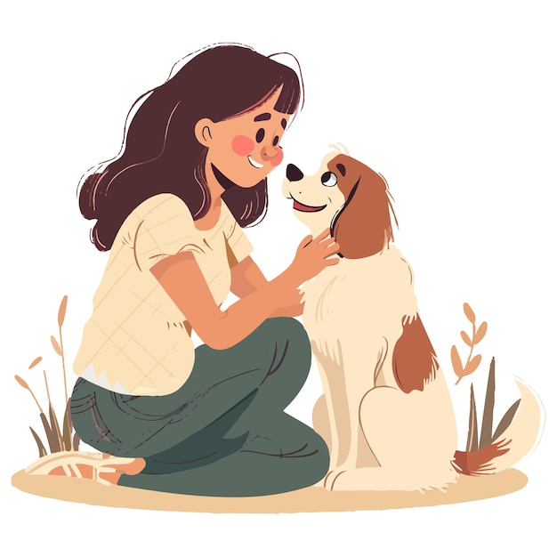 Vector woman training her dog