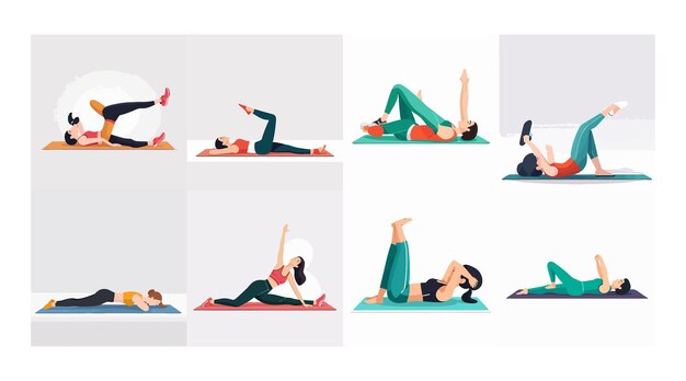 Vector woman training on mat girl during kegel exercise workout for healthy pelvic muscles person lying on floor pelvis raised up position flat vector illustration isolated on white background