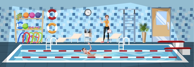 Vector woman training in the swimming pool. gym interior