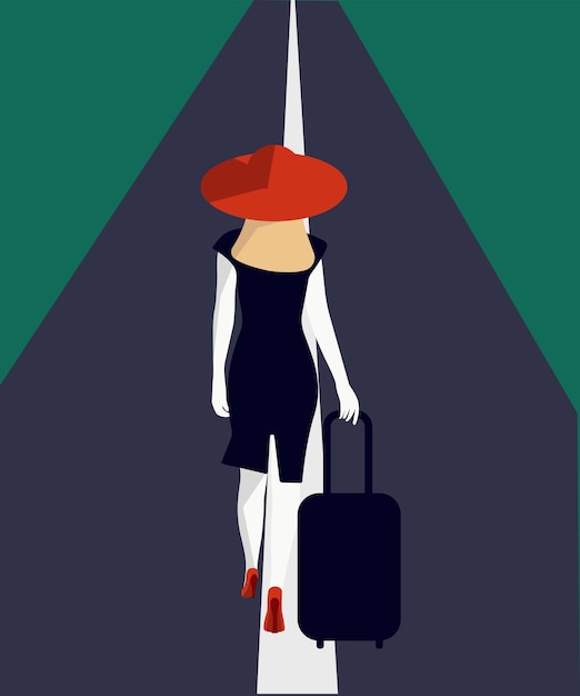 Vector woman traveler on the road with luggege