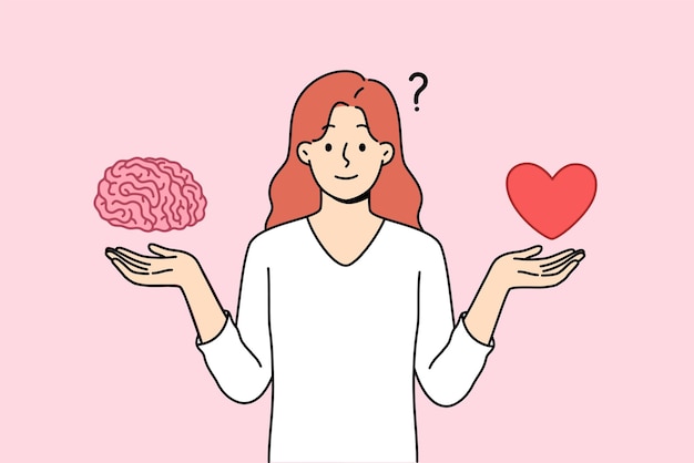 Woman tries to balance between getting education and romantic relationship holding heart and brain