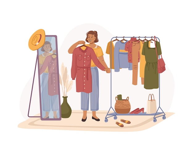 Woman trying clothes wardrobe and mirror vector