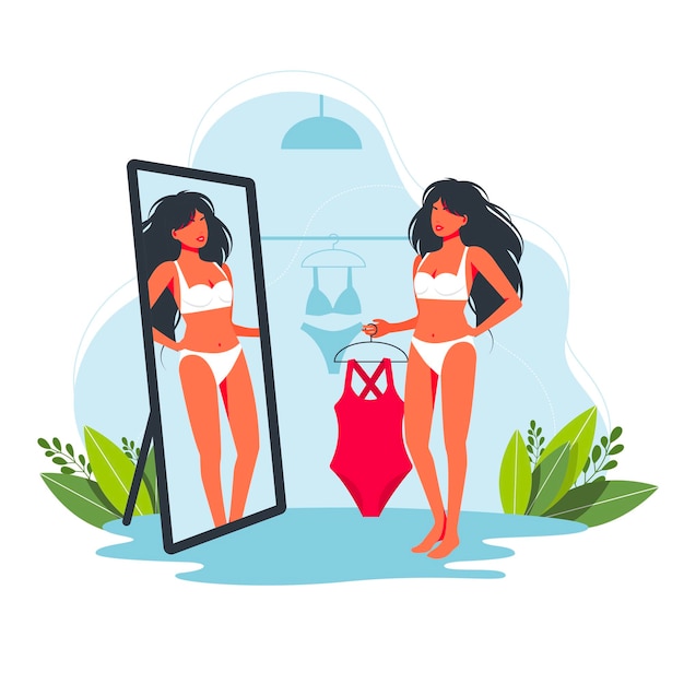 Woman trying on fused whole swimsuit in store. woman shopping swimsuit. Beautiful girl choosing swimwear for summer vacation on tropical resort. Cartoon female trying swim suit in front of mirror