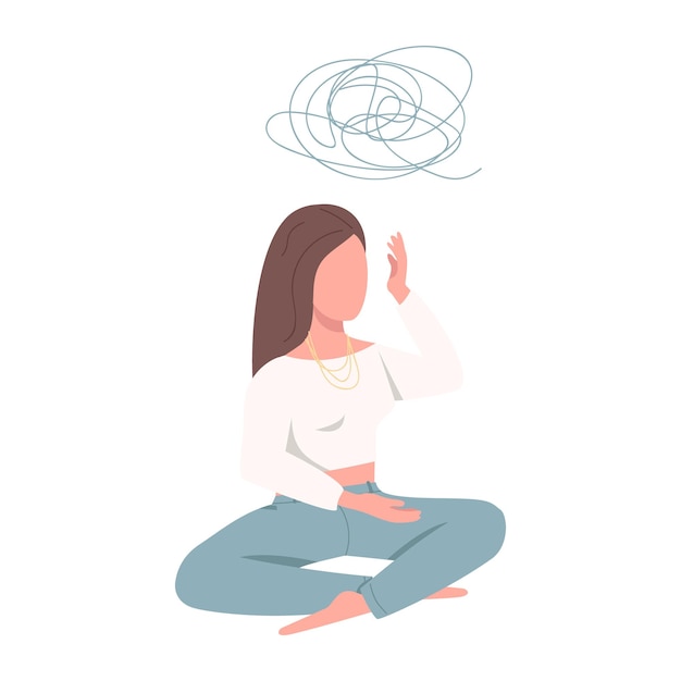 Woman trying to relieving stress and anxiety semi flat color vector character Sitting figure Full body person on white Simple cartoon style illustration for web graphic design and animation