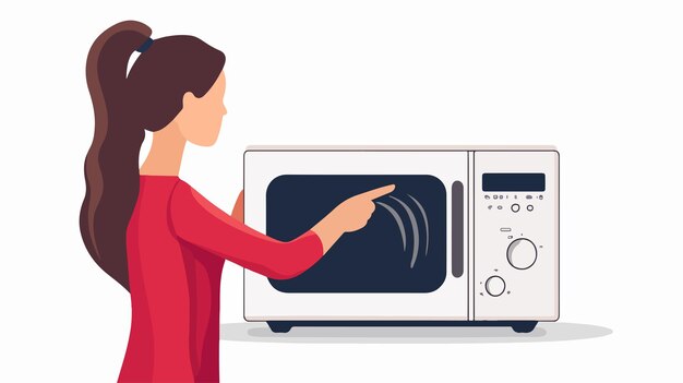 Woman Turning on Microwave Oven Flat Vector Illustration