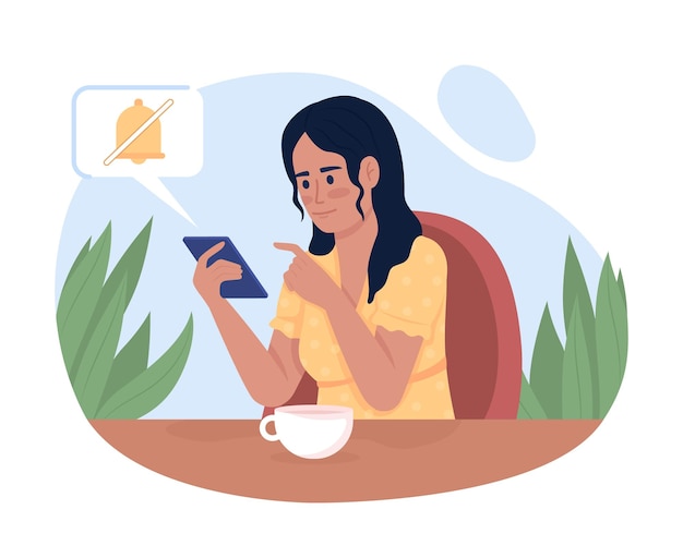 Woman turning off notifications on phone 2D vector isolated illustration