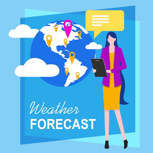 Woman TV Reporter Weather Forecast Vector Illustration. 