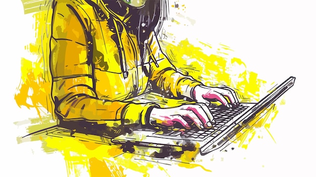 Vector woman typing on keyboard mixed media handdrawn vector illustration