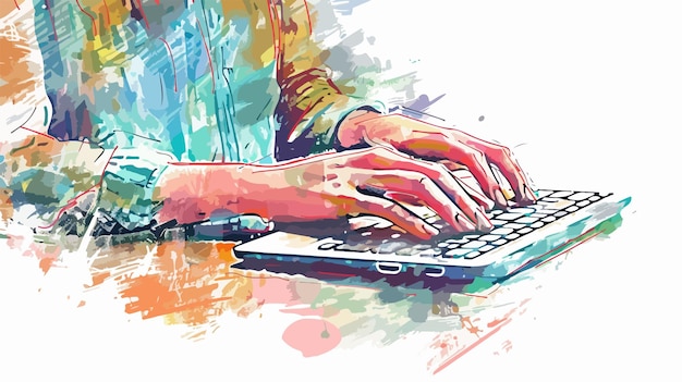 Vector woman typing on keyboard mixed media handdrawn vector illustration