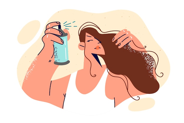 Woman uses hairspray and prepares for party by applying spray to create beautiful hairstyle Young girl wants to have magnificent hairstyle and be attractive or in demand among men