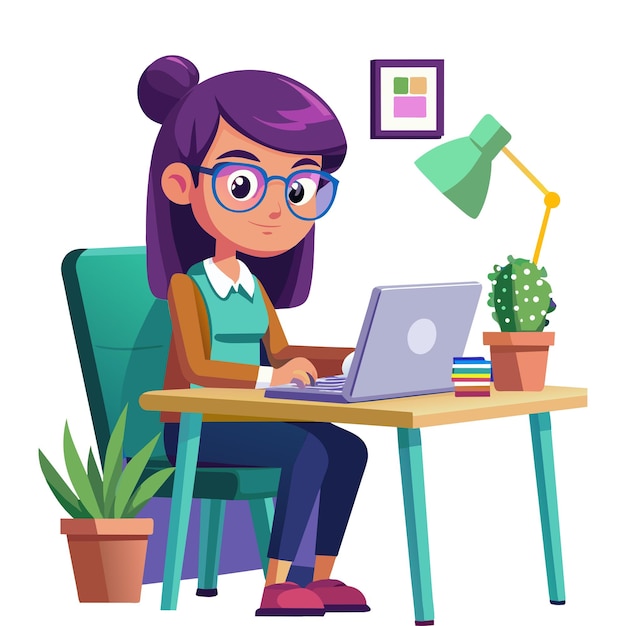 Woman using computer on desk vector illustration graphic design