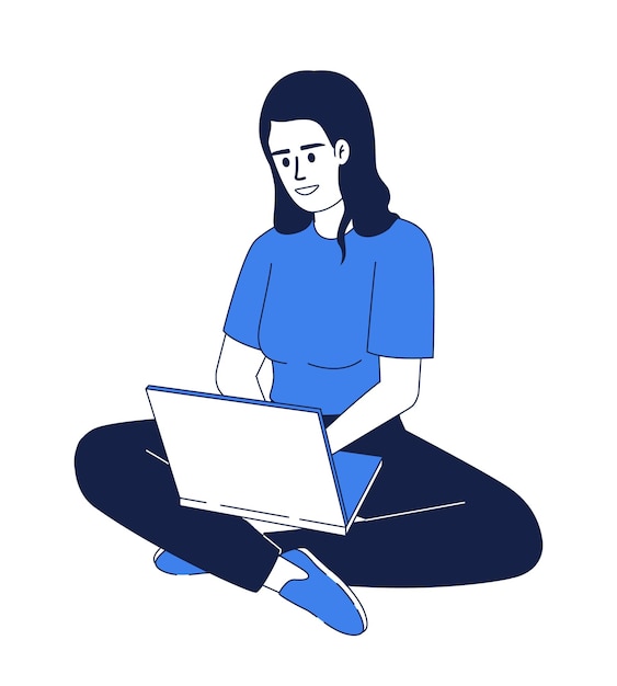 Woman using laptop flat color linear vector character