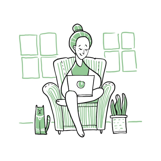 woman using notebook and sitting on a sofa.