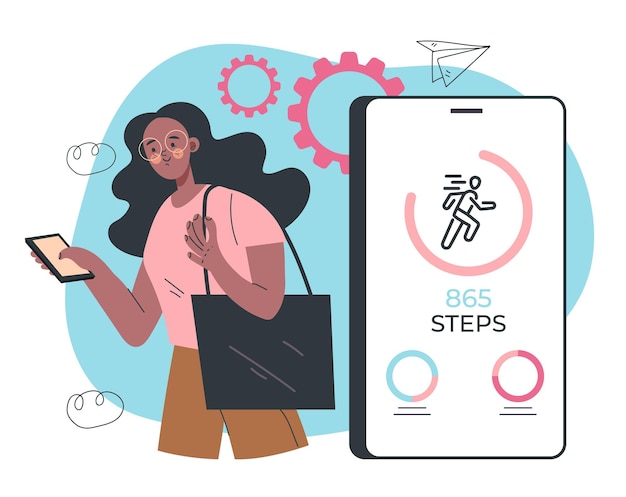 Woman using phone for counting steps Step mobile phone app counter