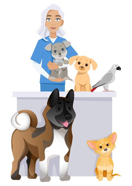 Woman veterinarian with dogs at medical counter