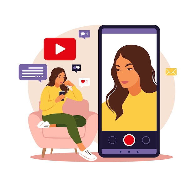 Woman video blogger sitting on sofa with phone and recording video with smartphone. Different social media icons.  in flat style.