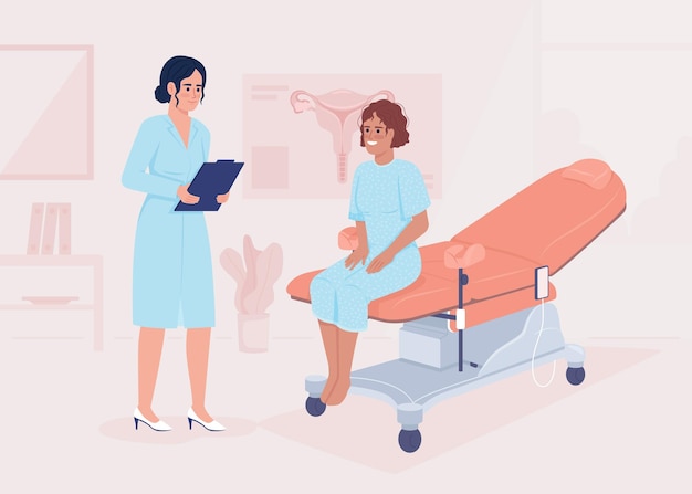 Woman visiting gynecologist flat color vector illustration