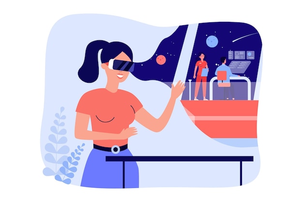 Woman in VR glasses working in space research center. Simulation of girls work in virtual reality flat vector illustration. Innovation, science concept for banner, website design or landing web page