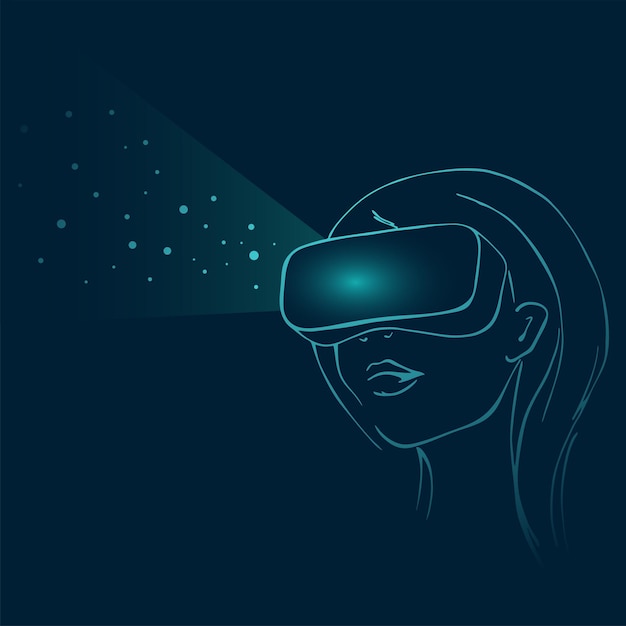 Vector woman in vr virtual reality headset looking at abstract dot abstract vr neon virtual reality glasses