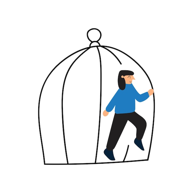 Woman walk out the cage. Vector illustration on white background.