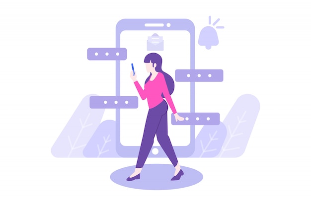 woman walking and chatting flat illustration