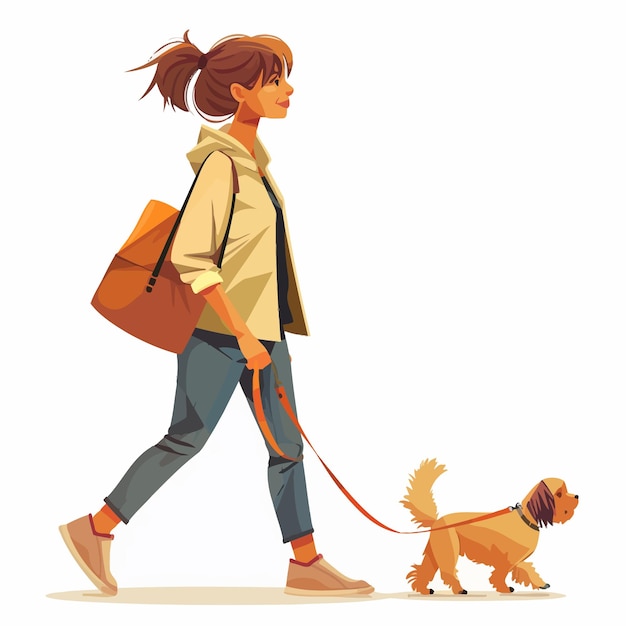 a woman walking a dog with a backpack on her back